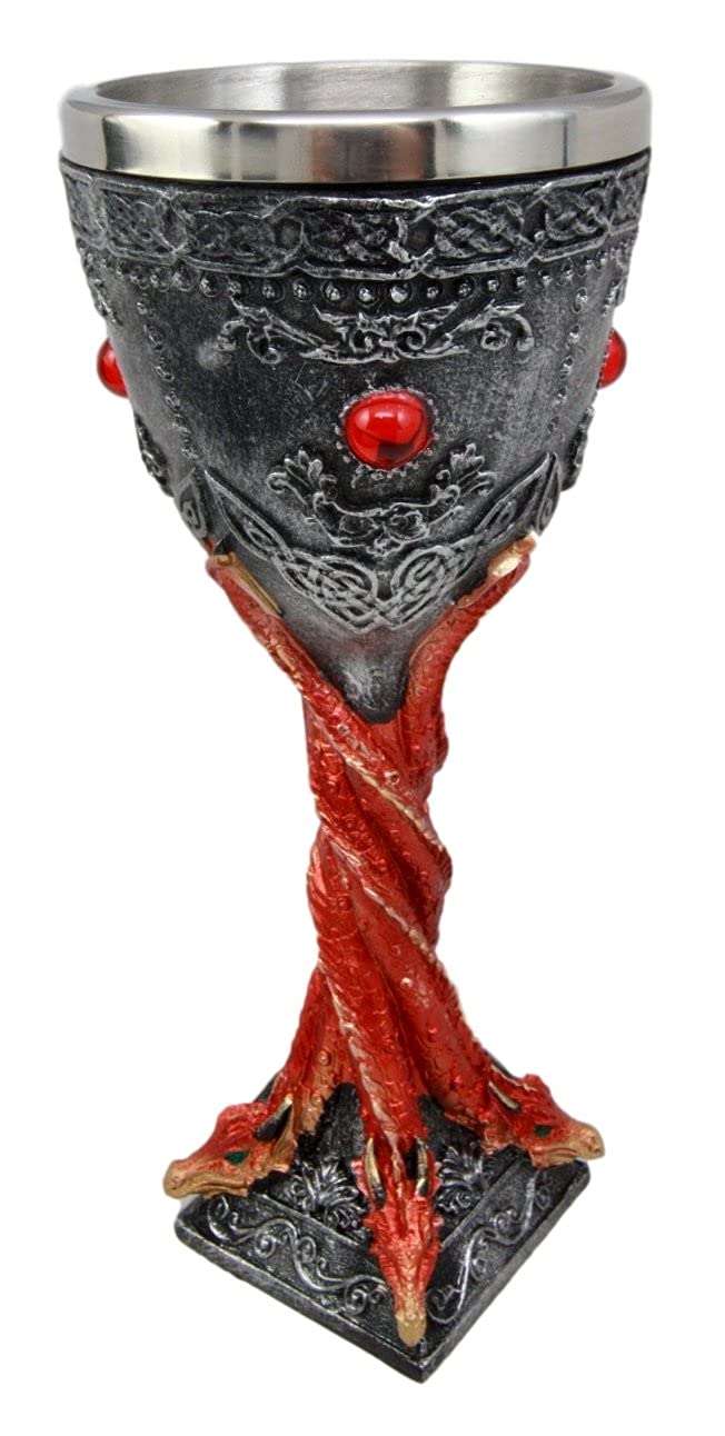 Ebros Gift Large Celtic Flaming Fire Red Gems Twisted Abraxas Hydra Dragons Wine Goblet Chalice 9.5