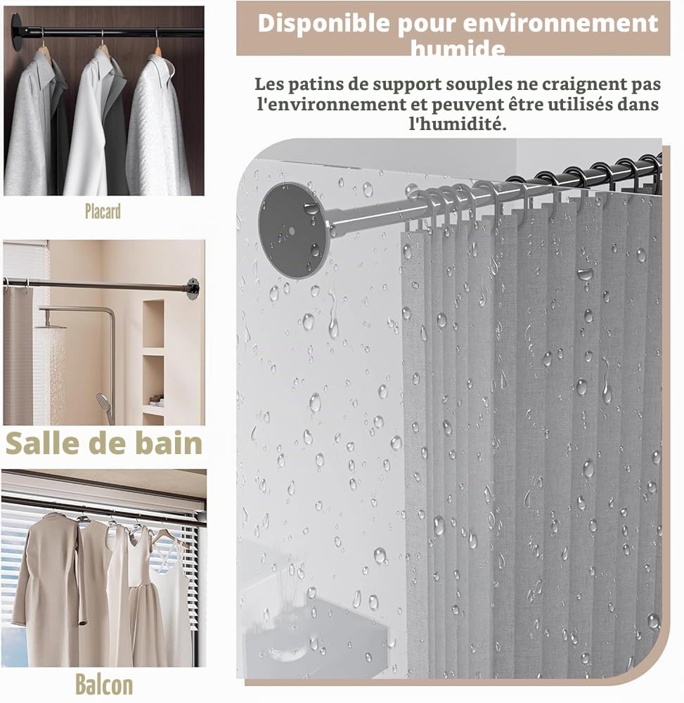 Tringle à Rideaux, Tringle à Rideaux Antidérapante, Rallonge Ronde pour Mur Incliné, Support Pivotant à 180° pour Vêtements Suspendus, pour Armoire, Salle de Bain(Size:130-240cm,Color:b)