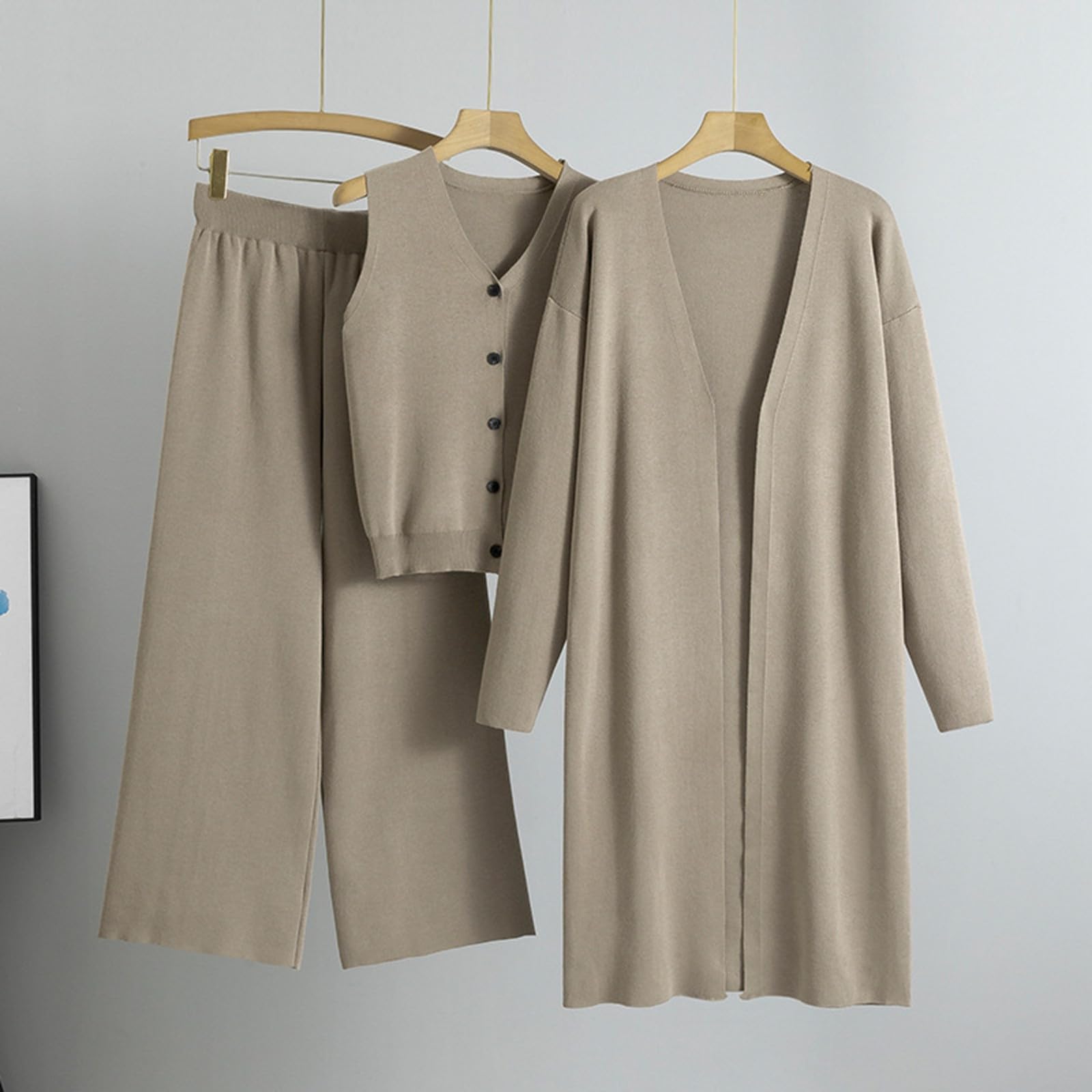 2025 Conjunto de punto para mujer elegante de 3 piezas de lana, puño elástico, jerséis de manga larga y pantalón de cintura ancha, mono de otoño e invierno conjunto de ropa holgada con
