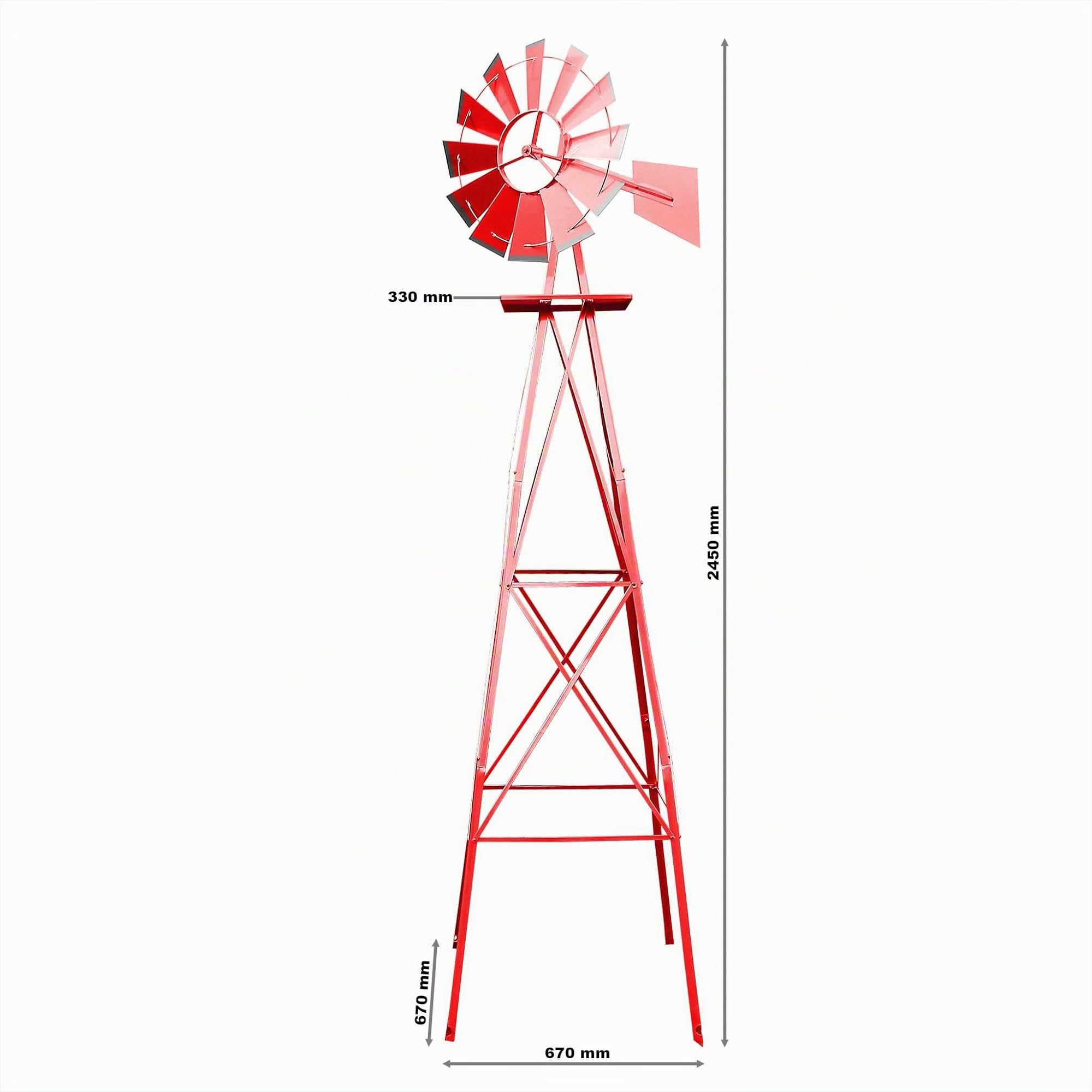 Wiltec Éolienne de Jardin Design US – 670 x 670 x 2450 mm – Couleur Rouge – Moulin avec Roulement à Bille – Girouette Roue Texas décorative déco