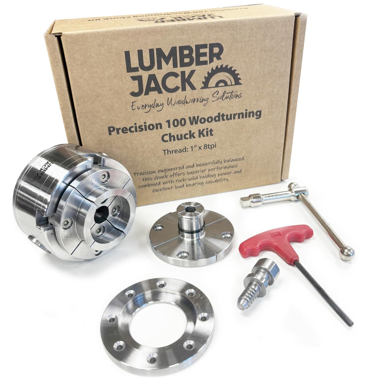 LUMBER JACK 4 Jaw Lathe Chuck Set 1" x 8 tpi Thread Self Centering Woodturning Precision 100 Includes Storage Box