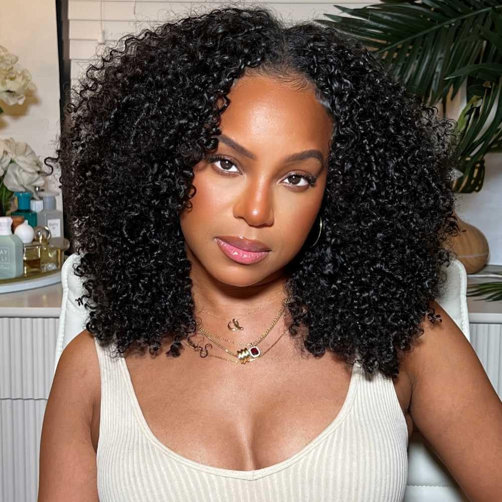 Beauty ForeverV Part Wig Human Hair Kinky Curly No Leave Out Glueless Upgraded U Part Wigs for Women Clip In Half Wig Vpart Wigs None Lace Front Wigs Natural Color 150% Density 16inch