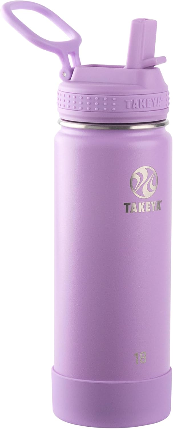 Takeya 18 oz Actives Stainless Steel Water Bottle with Straw Lid – Leakproof, Double-Wall Insulated, Keeps Drinks Cold 24 hrs/Hot 12 hrs, BPA-Free, Powder-Coated, Gym & Travel, Lilac