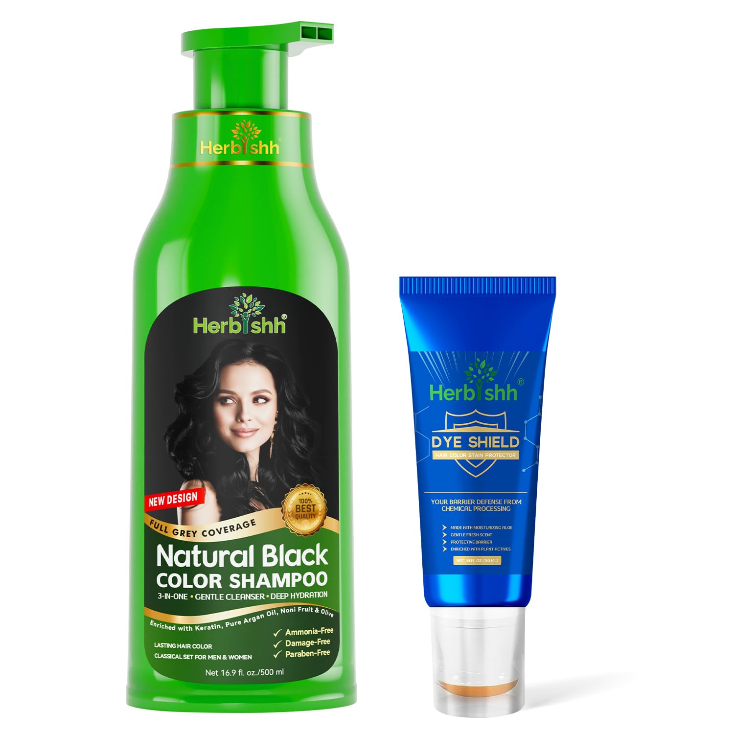 Herbishh Hair Color Shampoo Black (500ml, 3-in-1 Ammonia-Free) + Hair Color Stain Protector Cream – Complete Gray Coverage Dye Kit with Skin Barrier for Stain-Free Coloring