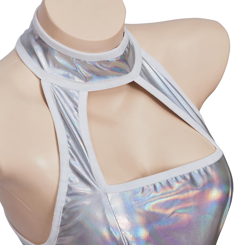 Saniplaycos Vanessa Kensington Costume Sexy Silver Metallic Dress Strappy Halter Mini Dress Club Party Dress for Women