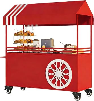 MATISUN Portable Vendor Cart with Canopy, Mobile Food Cart with Lockable Wheels for Market, Street Food & Events Red