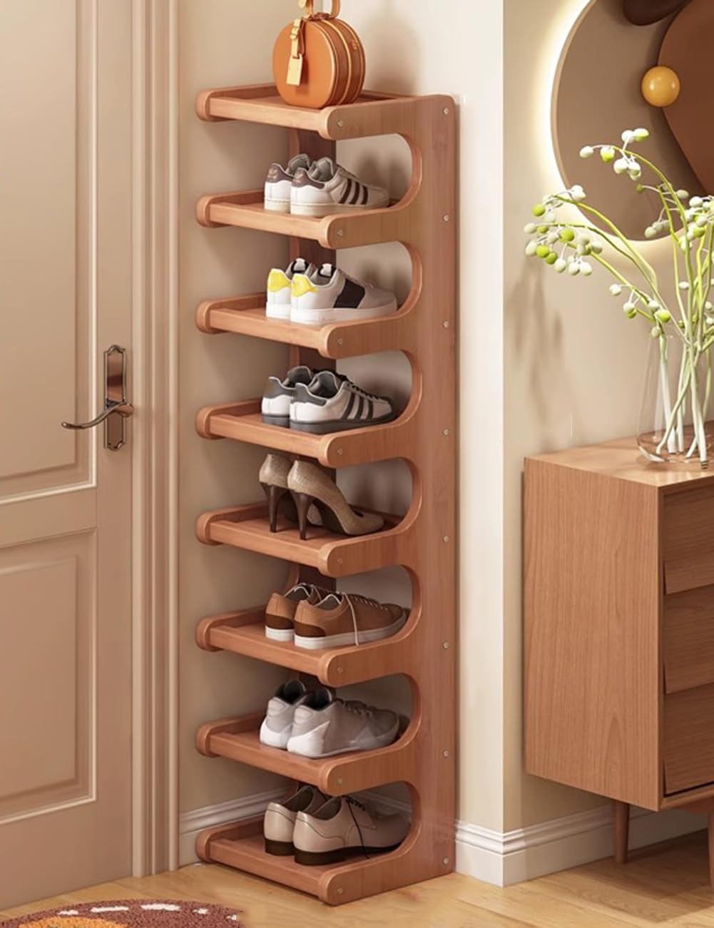Zapatero de bambú de 8 niveles para armario, estante marrón multifuncional con conectores de cierre de tornillo, 30 x 20 x 117 cm, ideal para niños pequeños