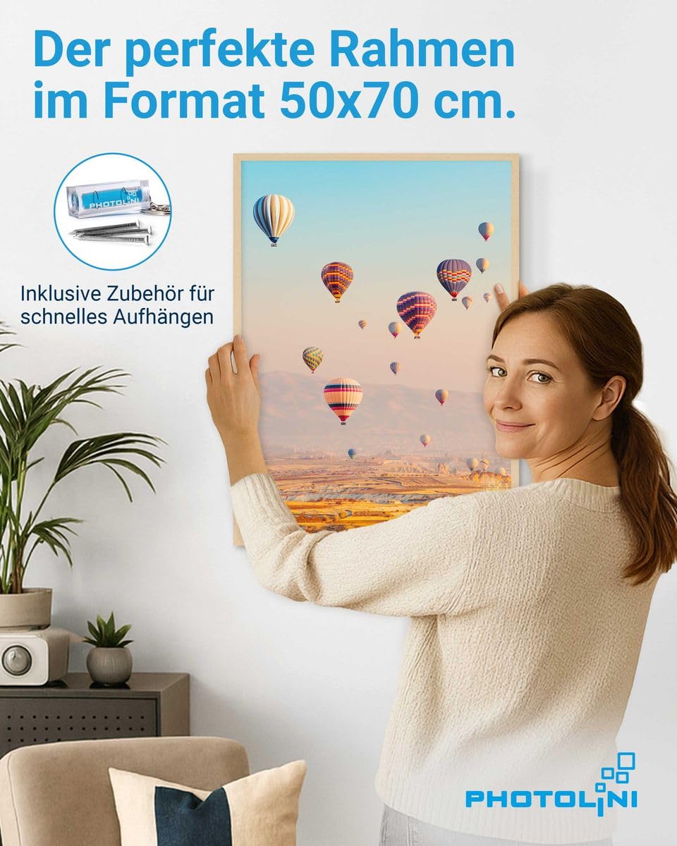 PHOTOLINI Bilderrahmen 50x70 Holz MDF Natur 3er Set, 50x70 cm Bilderrahmen groß, Rahmen 70x50 Puzzle, bruchsicheres Acrylglas, picture frame zum Aufhängen, Fotorahmen für Fotos, Puzzle & Poster