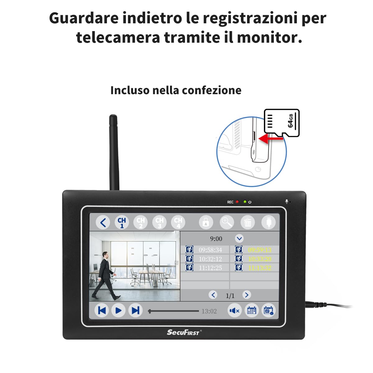 SecuFirst Kit Telecamere Videosorveglianza Esterno,Con monitor Touch Screen da 7",Lavora senza wifi,2K telecamere senza fili da esterno.64 GB di memoria,Nessun costo di abbonamento.