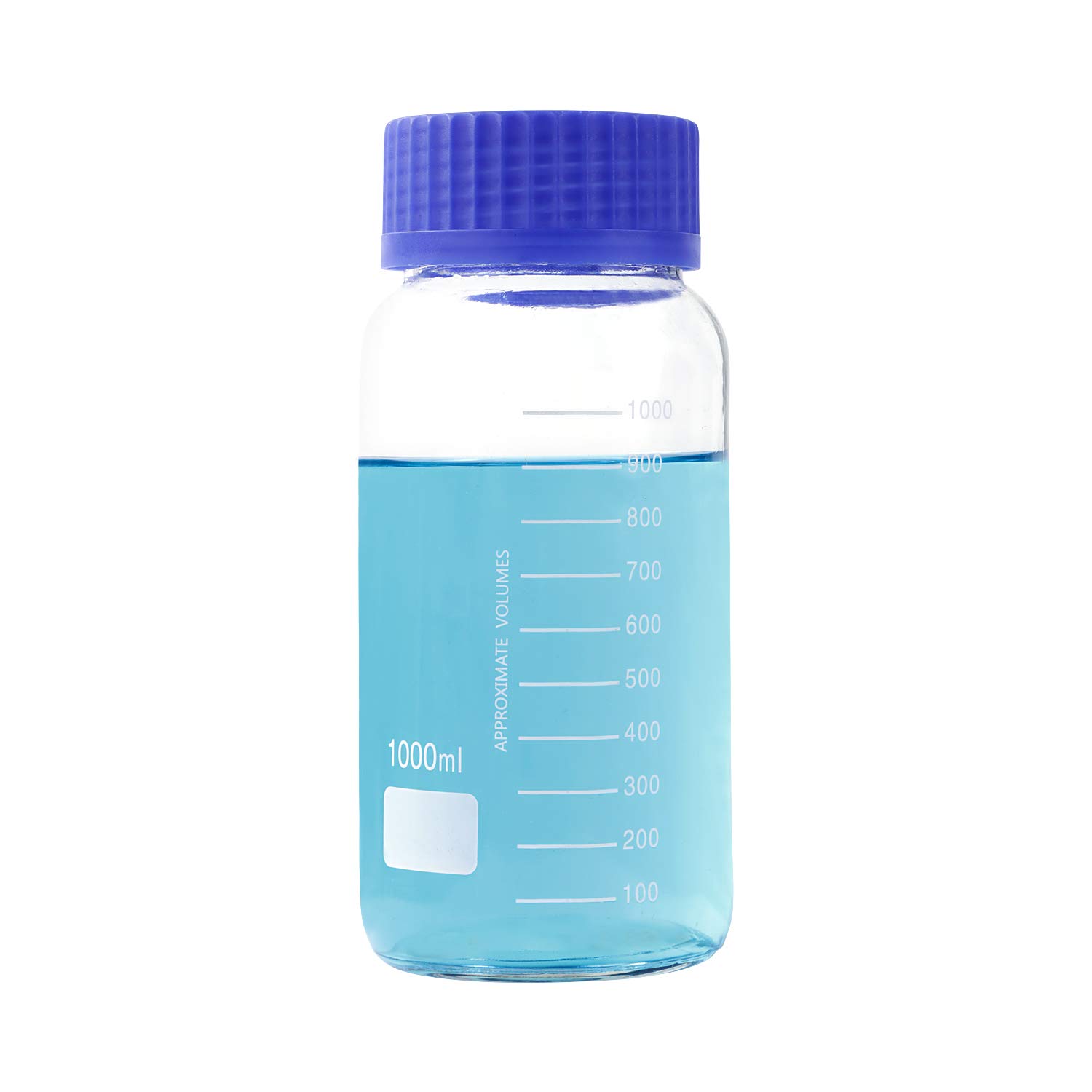 Pyrex - Paquete de 3 botellas de vidrio redondas graduadas de boca ancha de 1000 ml con tapón de rosca de polipropileno azul GL80