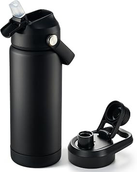 Fijinhom 18 oz Insulated Water Bottle with 2 Lids, Stainless Steel Water Bottles, Double Wall Vacuum, Portable Handle & Non-slip Bottom, BPA Free Leak Proof Metal Bottles, Keep Cold 24H, Black