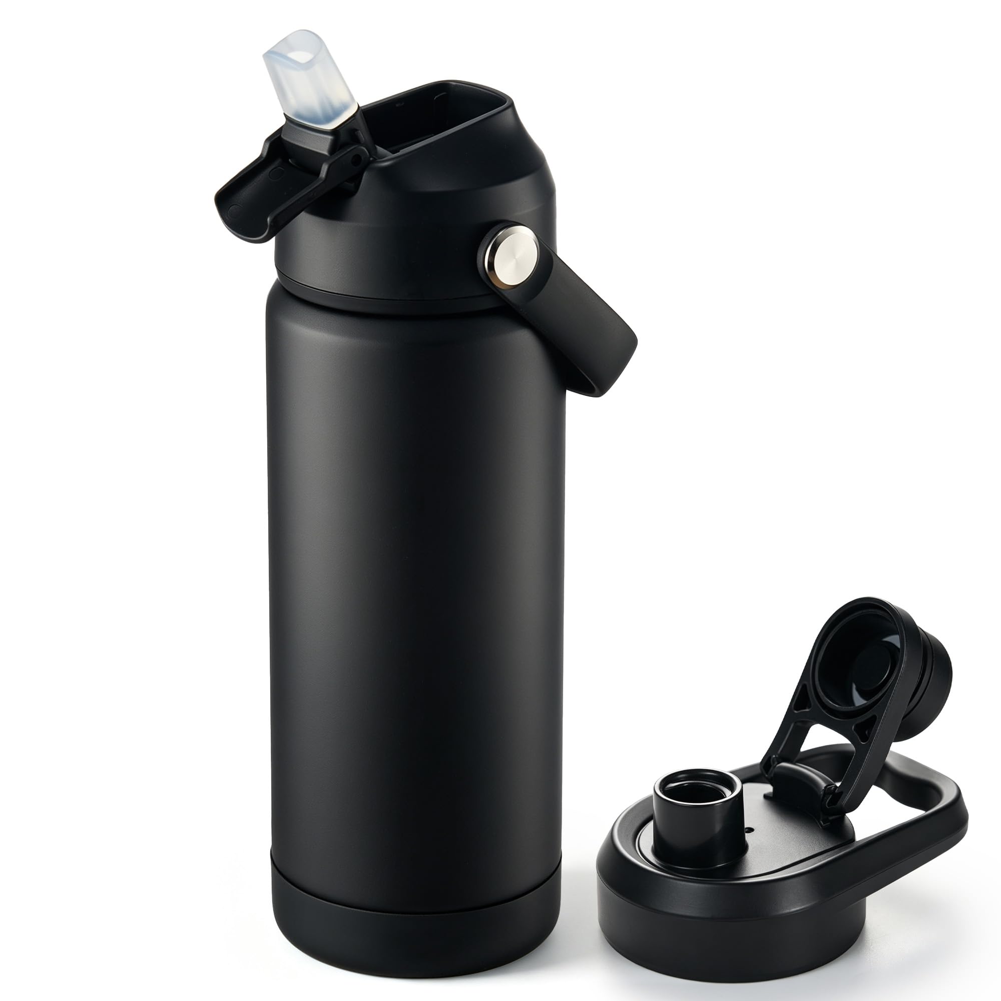 Fijinhom 18 oz Insulated Water Bottle with 2 Lids, Stainless Steel Water Bottles, Double Wall Vacuum, Portable Handle &amp; Non-slip Bottom, BPA Free Leak Proof Metal Bottles, Keep Cold 24H, Black