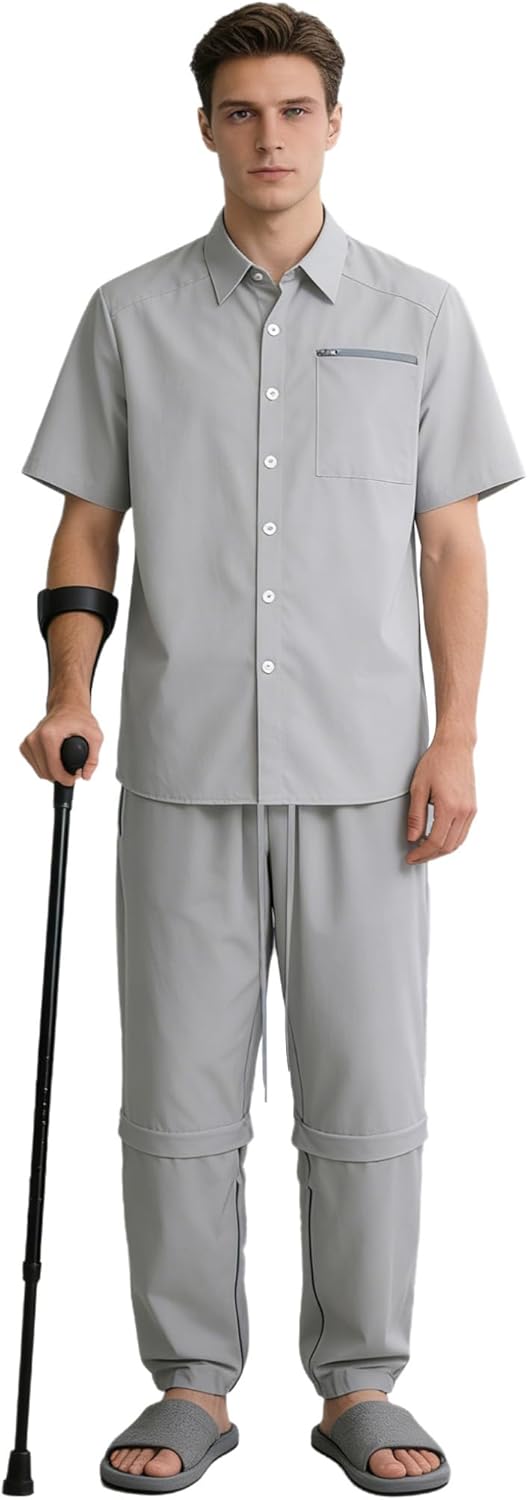 ACSUSS Mens Button Surgery Shirt Tear Away Trouser for Leg Nursing Patient Clothing Adaptive Hospital Gown Set