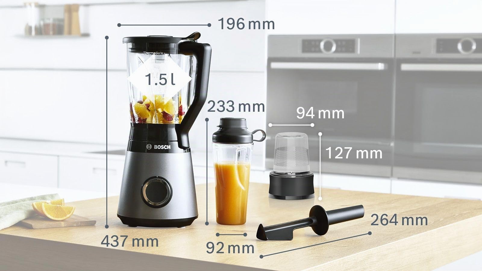 Bosch Serie 4 Frullatore VitaPower MMB6177S, 1200 W, 30.000 giri/min, Lame in Acciaio Inox, Frullatore da 1.5 L, Borraccia da 0.6 L, Tritatutto e Pestello Inclusi, Lavabili in Lavastoviglie, Argento