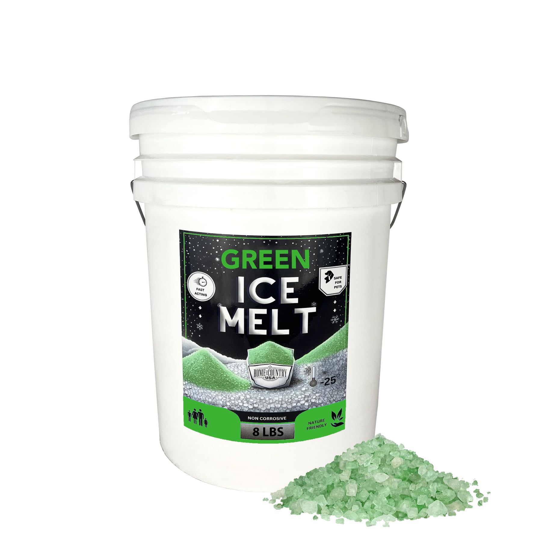 Green Ice Melt Pail Effective to -25°F, Eco-Friendly De-Icer, Optimal Granule Size for Quick Melting, Ideal for Driveways, Walkways, and Entryways 8 lb Pail