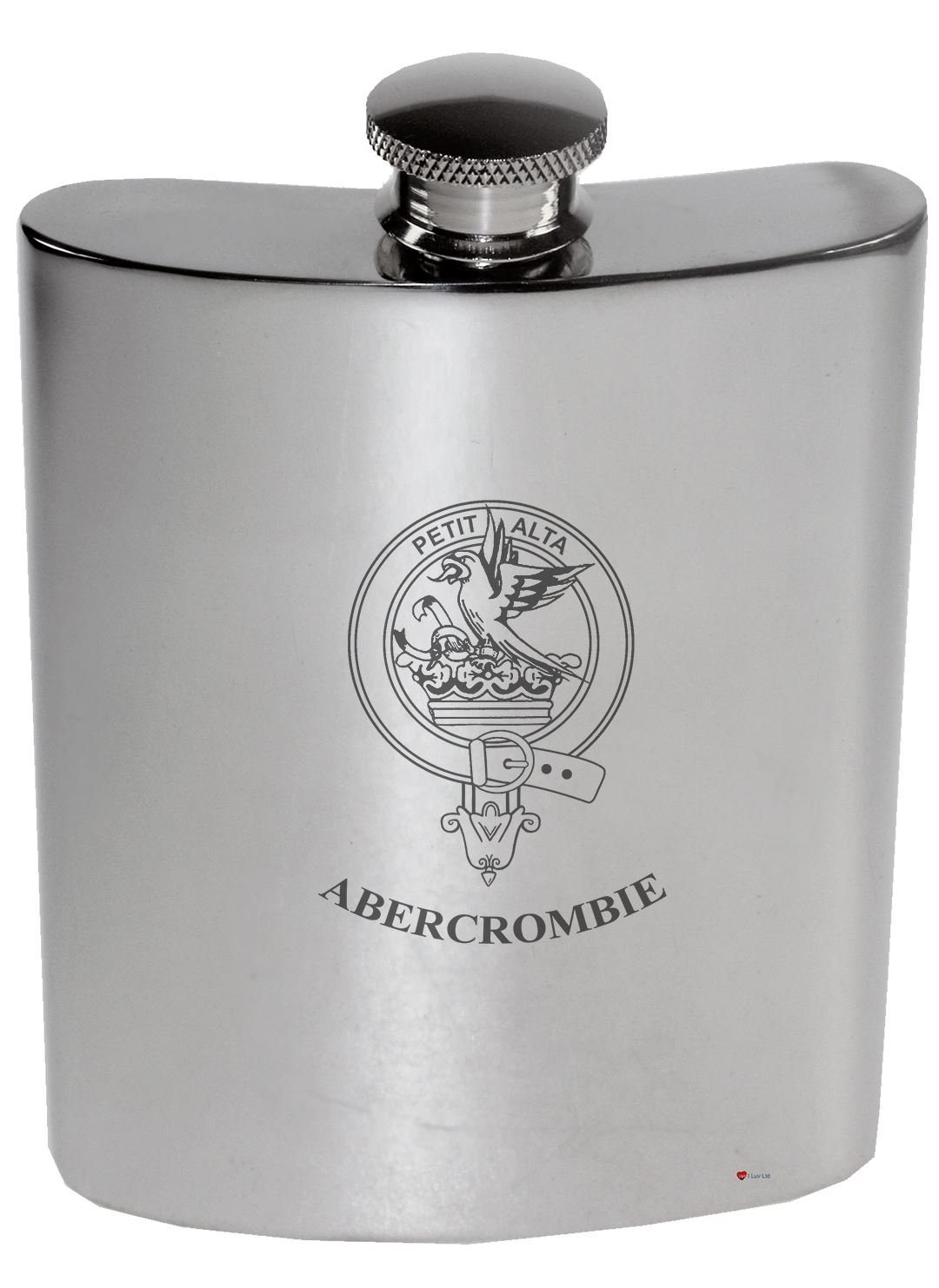 Flacon de rein Abercrombie en étain de 6 oz avec motif crête de famille poli