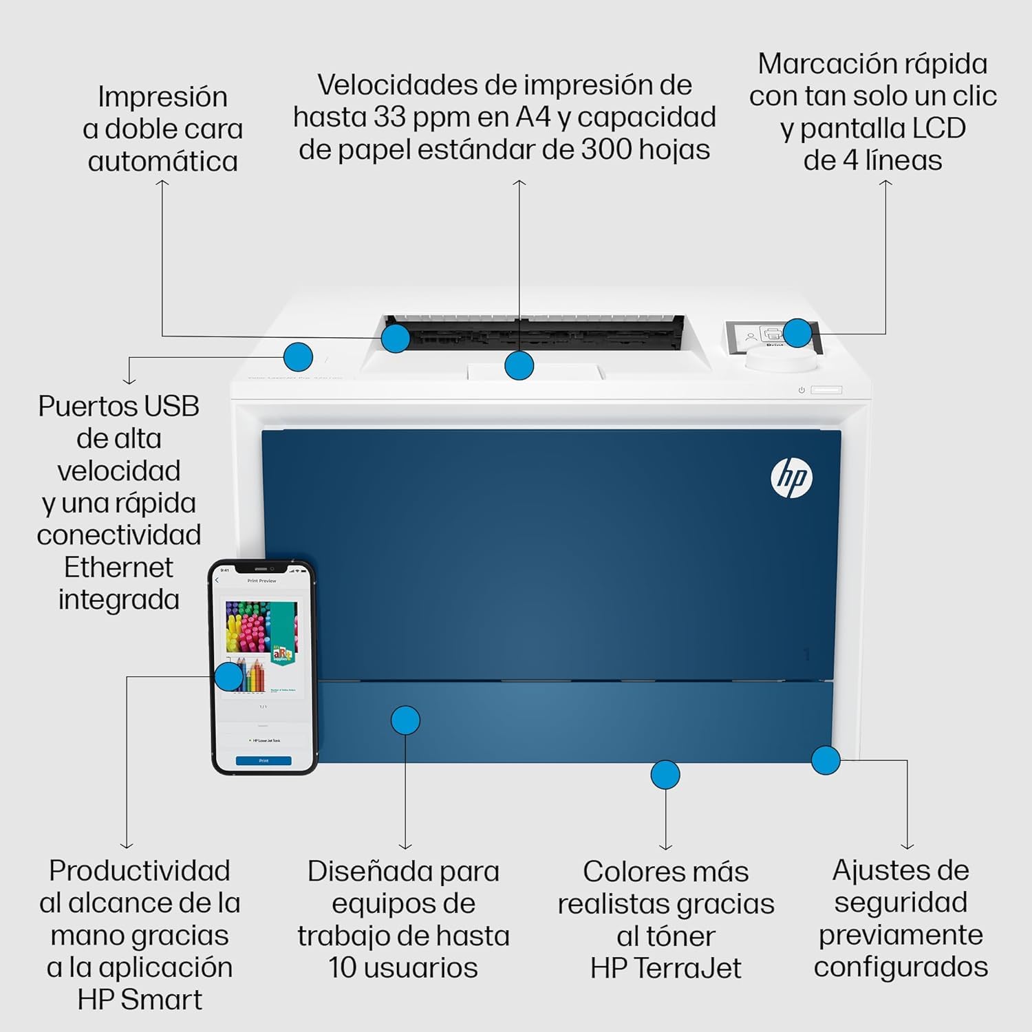 HP Color LaserJet Pro 4202dn 4RA87F, Impresora de Función Única A4, Impresión Automática Dúplex, 33 ppm, USB, USB Host, Ethernet, HP Smart, Azul