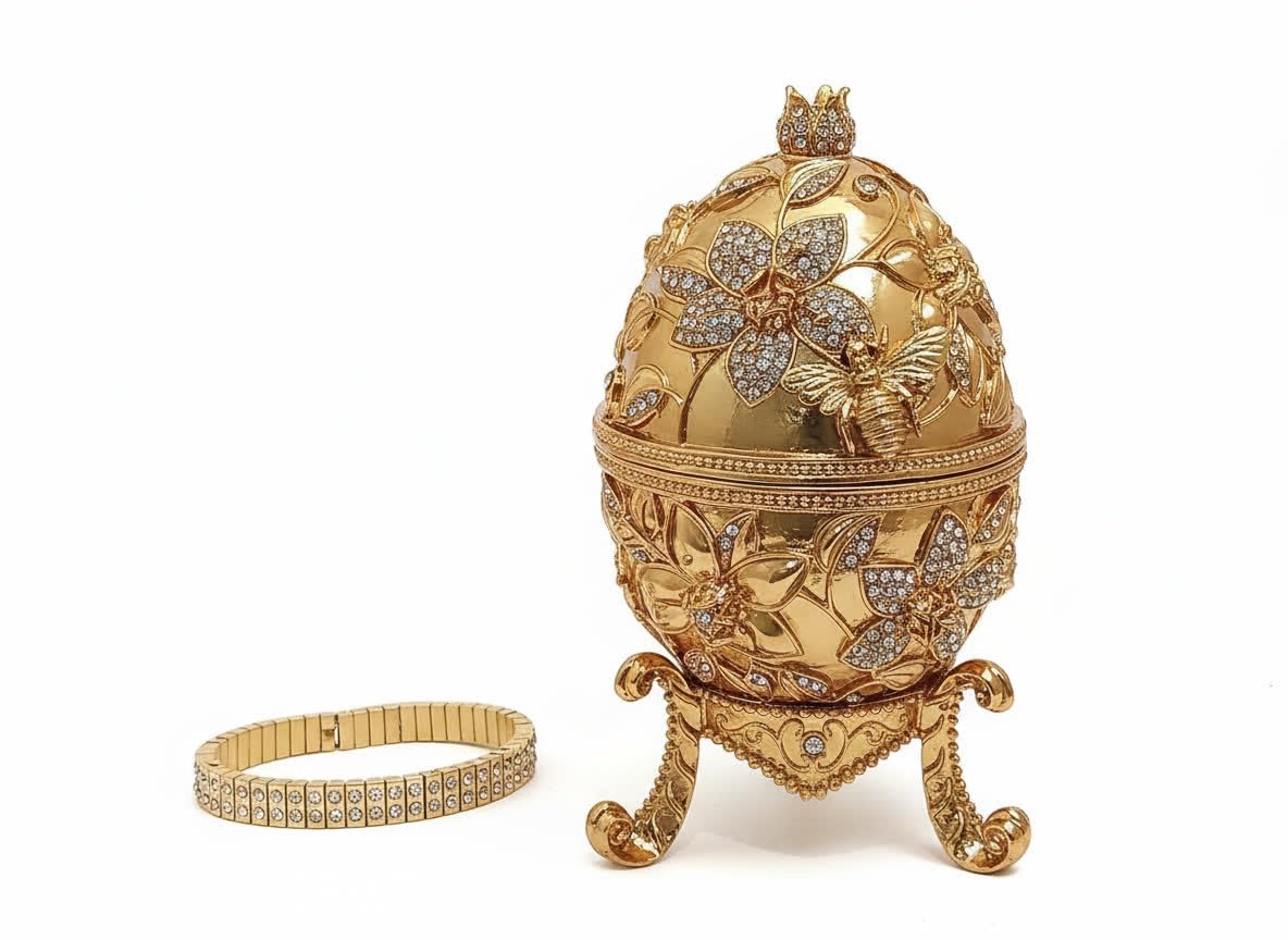 24kGOLD Pomegranate Jewelry box FABERGE egg HANDMADE 10ct Austrian Diamonds + Matching 2ct bracelet Mother in law birthday gifts for wife sister Friend Teacher Luck Eternity Happiness Love Gift