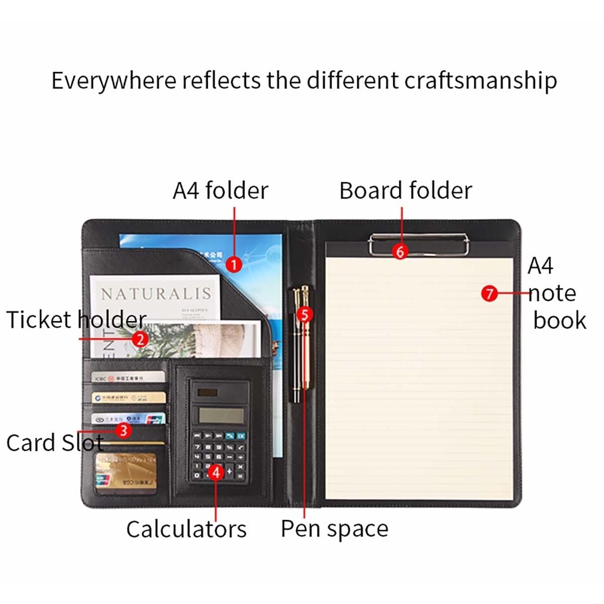 Teczka konferencyjna Organizer na dokumenty， Teczka A4 z schowkiem i miejscem do przechowywania, skórzana teczka z organizerem i notesem(Svart,12digit+Memo pad*5)