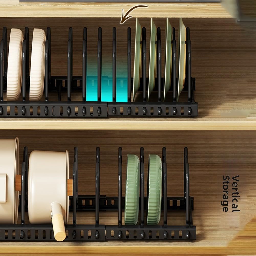 Organizador de gabinete de cocina ajustable para ollas, sartenes, tapas, estante expandible, 13 divisores, ahorro de espacio (blanco)
