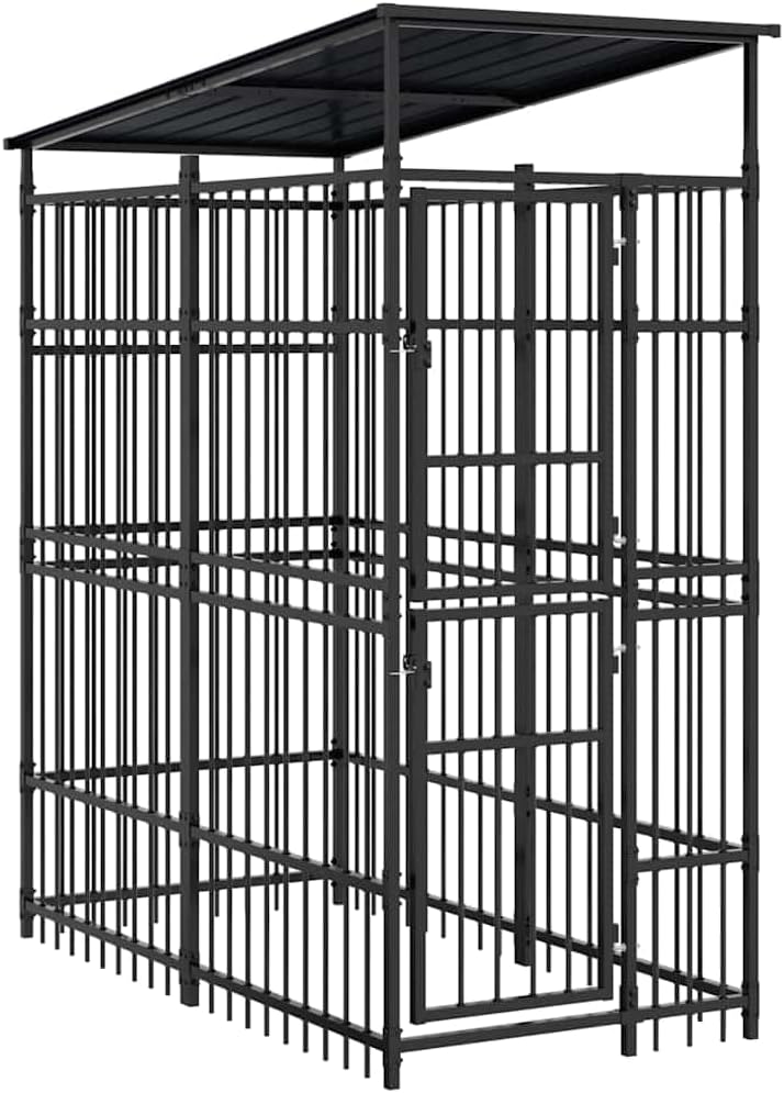 vidaXL Outdoor Dog Kennel, Large Dog Crate with Lockable Door, Dog Cage with Roof for Training Exercising, Puppy Playpen for Garden, Steel