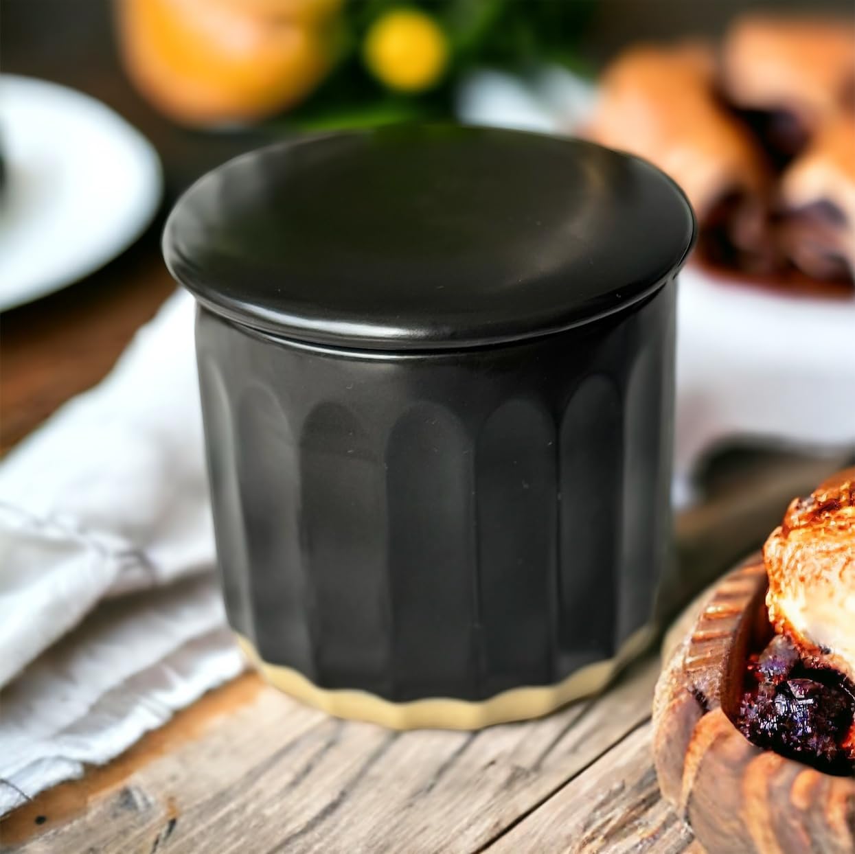BLAKE 'N' GREY Culinary Elegance: Black Fluted Ceramic French Butter Keeper – A Stylish Touch to Preserve and Serve Perfectly Spreadable Butter