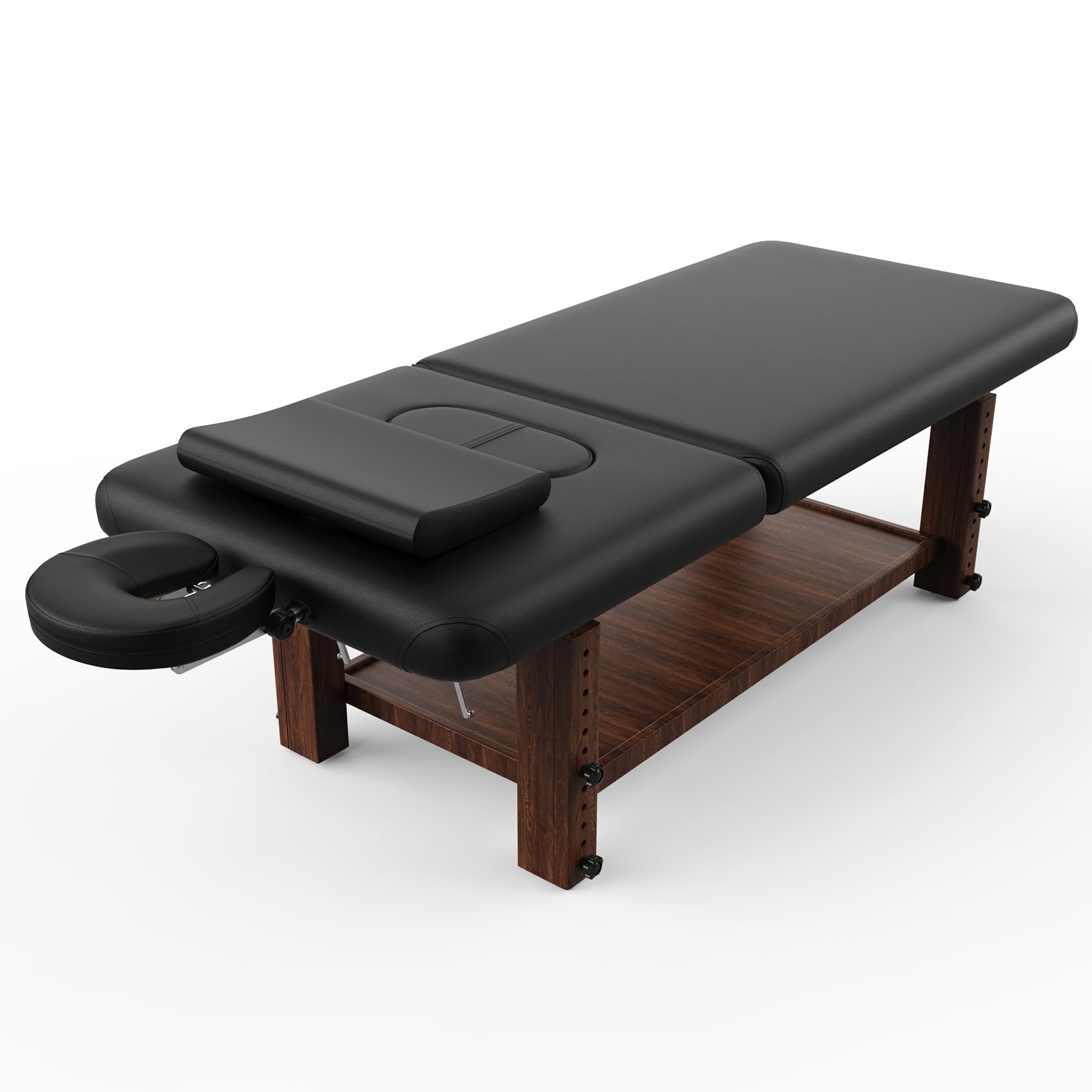 pouseayar Stationary Massage Table with Adjustable Height Legs and Backrest for Treatment, Physical Therapy, Spa Facial Professional Massage Bed, Black PU Leather - 700LBS Load, Heavy Duty Wood Frame