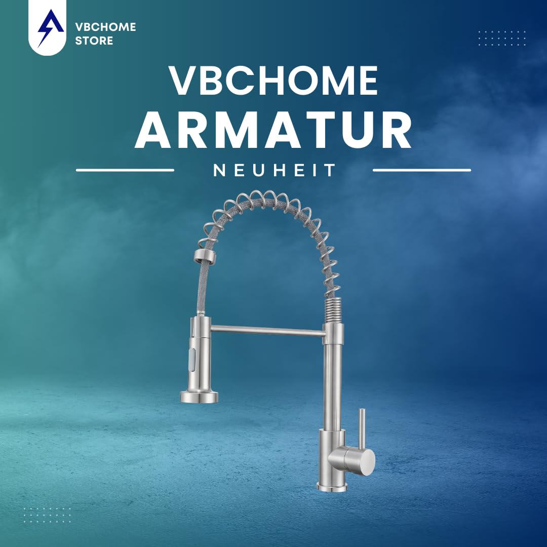 VBChome Grifo de cocina de acero inoxidable cepillado con caño extensible, muelle decorativo e interruptor de chorro, grifo de fregadero profesional para cocinas modernas, giratorio 360°