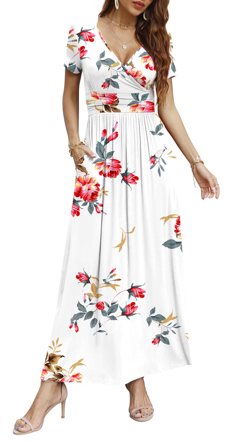 Cathy Women Short Sleeve Deep V Neck Casual Long Dress