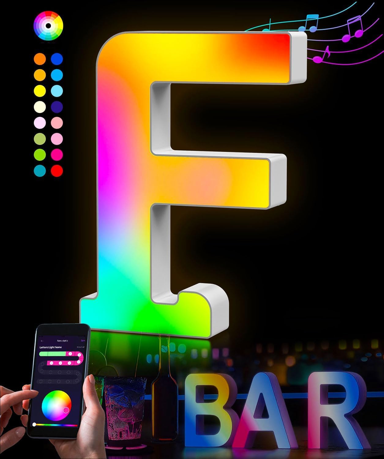 KIMIMARA Luci a LED con lettere alfabeto – Luce a LED con alimentatore USB, controllo app musica sincronizzabile per compleanno, Natale, matrimonio, feste, San Valentino e festival, decorazione（F）