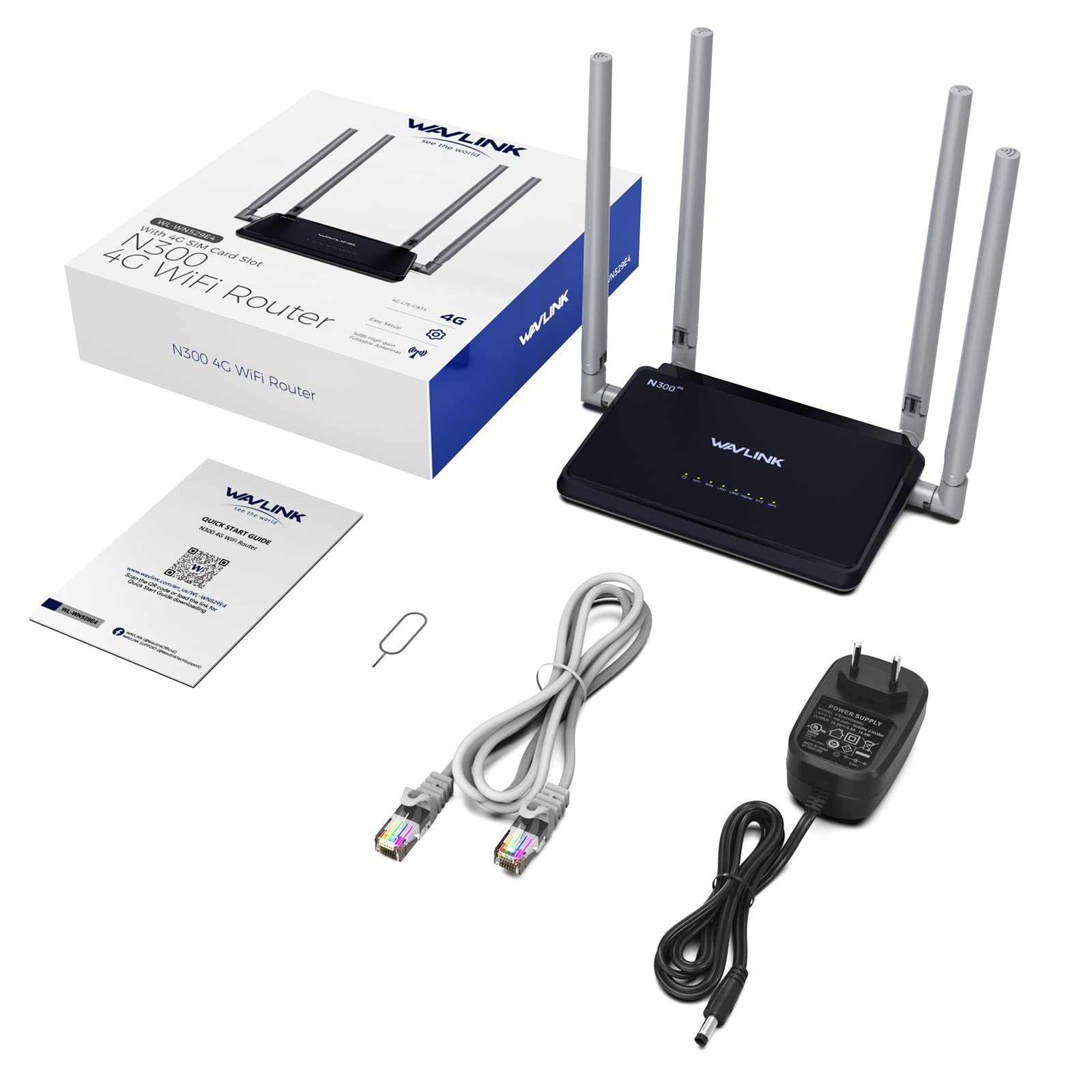 WAVLINK N300 Router 4G LTE con Chipset Qualcomm | WiFi Móvil 150Mbps | Compatible con Orange/Vodafone | 4 Antenas | SIM Slot | Fácil Instalación