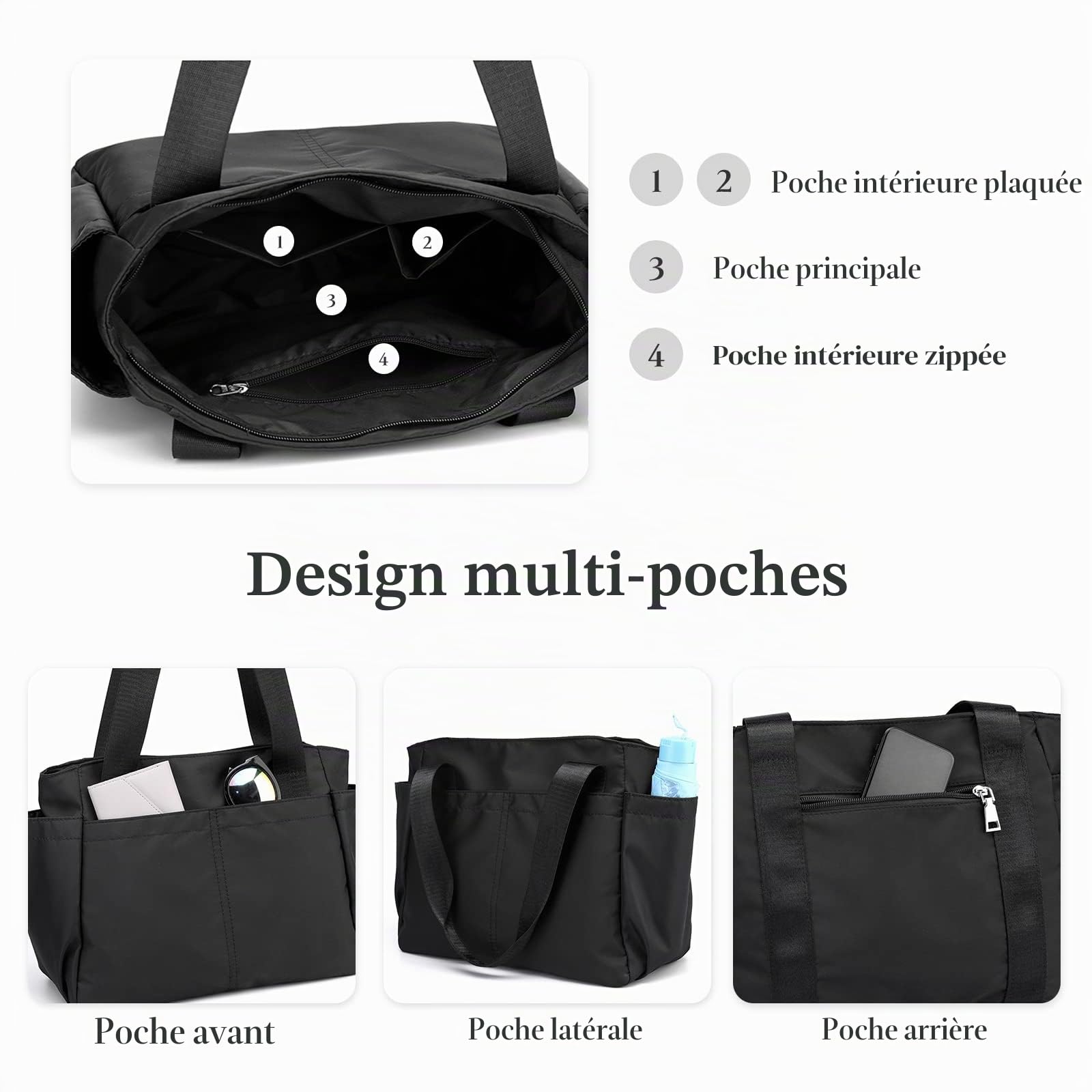 Sac D'épaule Nylon Sac à Main Femmes Sac Fourre-Tout Sac Cabas pour Shopping Voyage Travail Usage Quotidien Noir