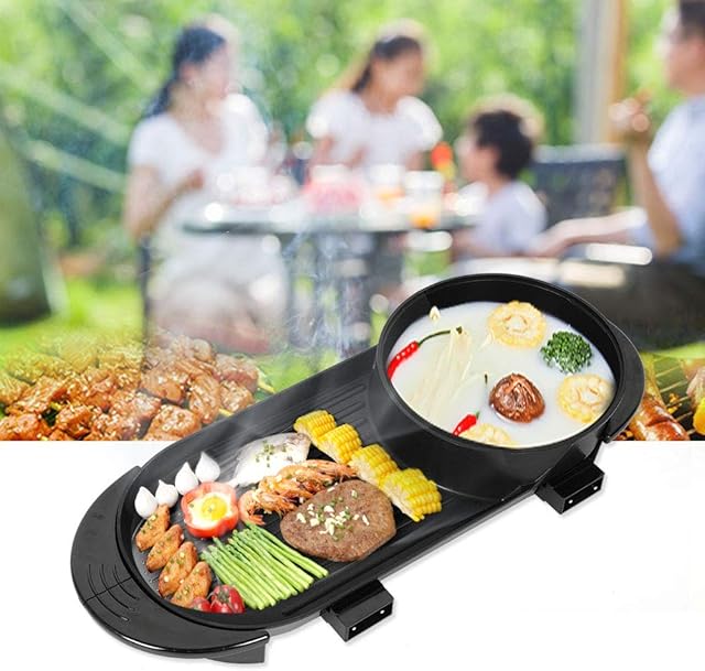 Electric Grill, Electric Barbecue Grill 2 in 1 Hot Pot Chafing Dish Non-Stick Smokeless Pan Electric Cooker UK Plug 220V 68 x 26cm