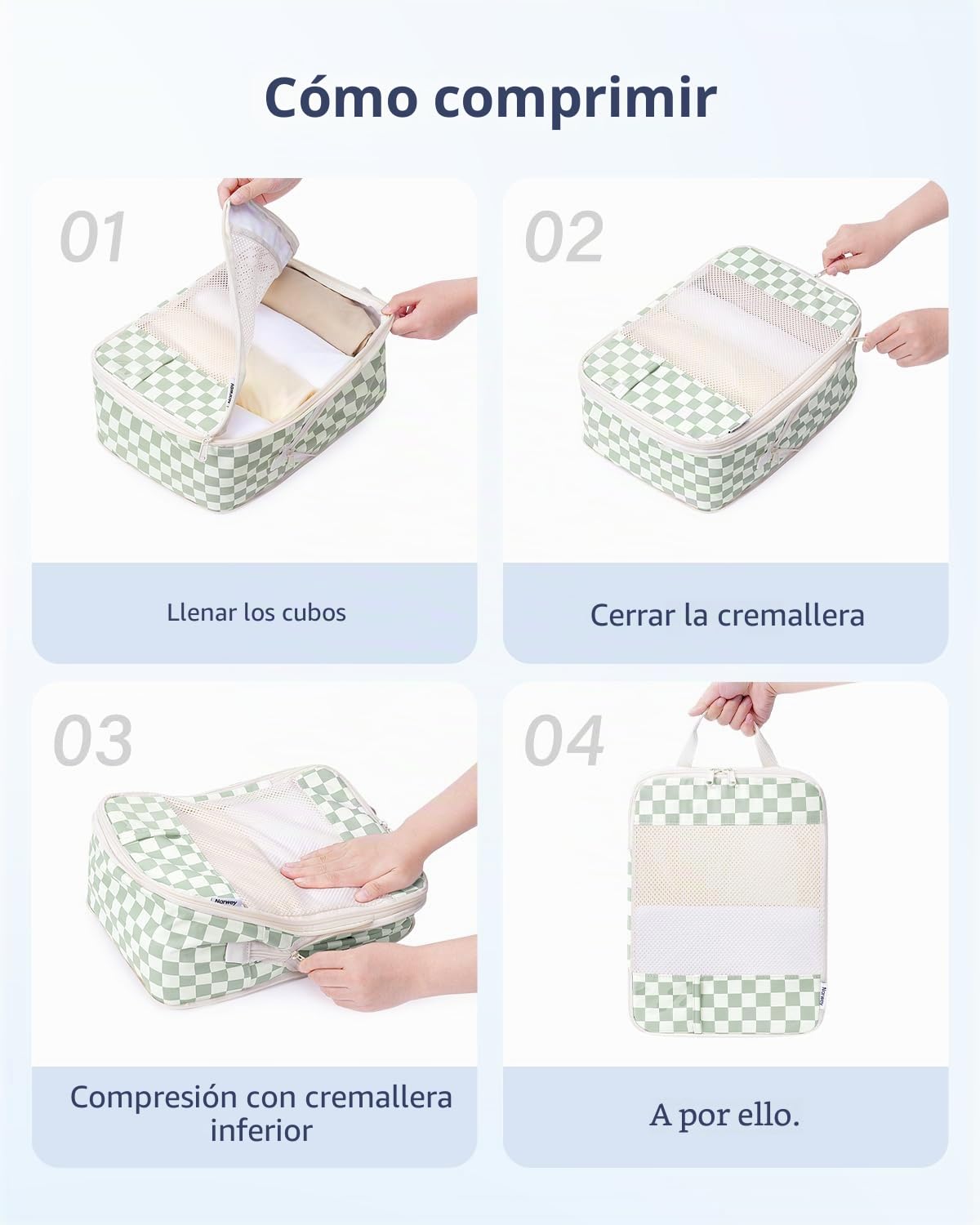 Narwey 5 Sets Compresión Organizador Maletas Bolsos, Compression Packing Cubes, Bolsas Viaje para Mochila, Equipaje de Mano y Maleta, Organizadoras Ropa Travel Essentials (cuadriculado verde menta)