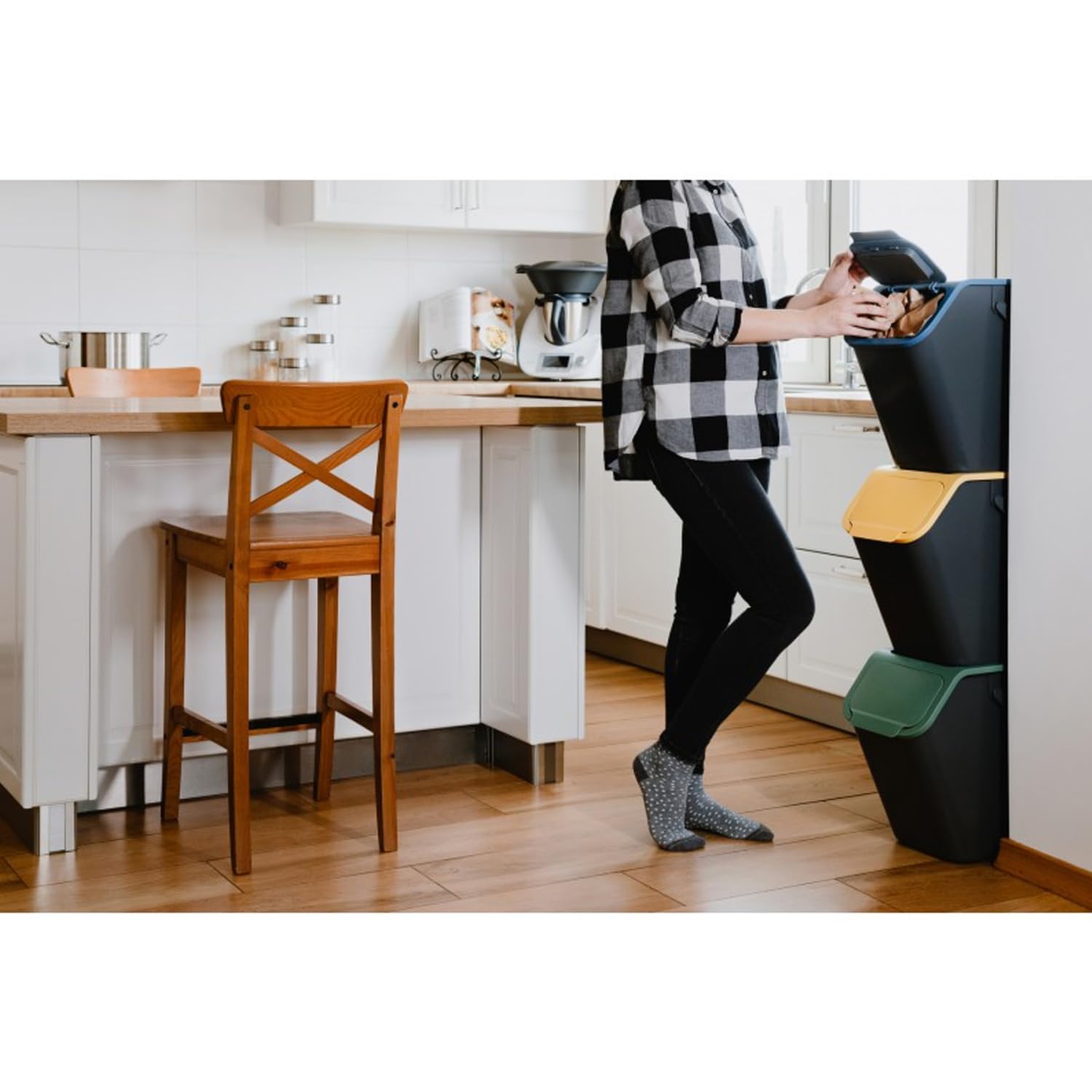 Practic Bini Lot de 3 poubelles, empilables, avec couvercle avec système de clic, système de tri sélectif des déchets de cuisine, 3 x 25 l