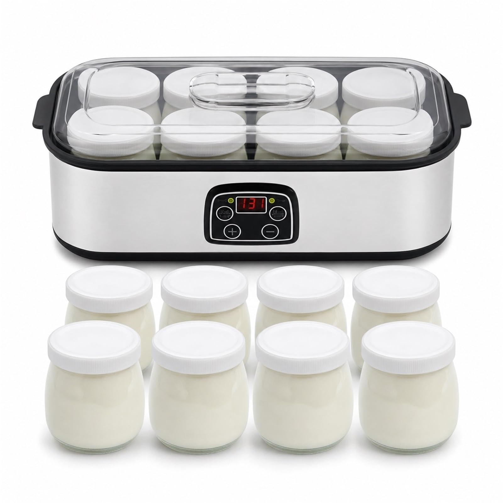 Yogurtiera Automatica con 8 Bicchieri In Vetro e Display Lcd | Finitura Argento, Preparazione Colazione Casalinga, Timer 0-48 Ore, 180 Ml X 8 Tazze, Funzionamento a 25 W