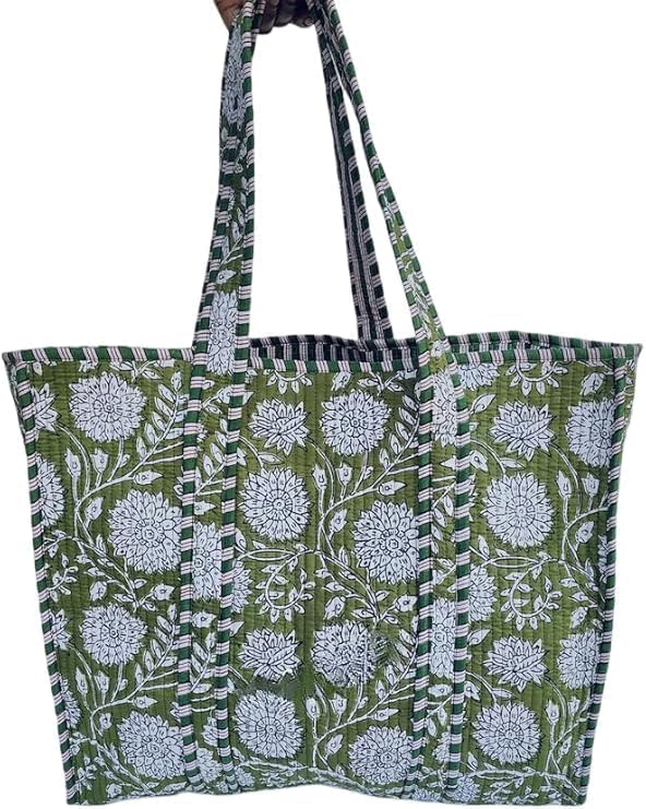 Cotton Floral Block Print Tote Bag Handmade Indian Shoulder Bag, Qiulted Market Shopping Bag