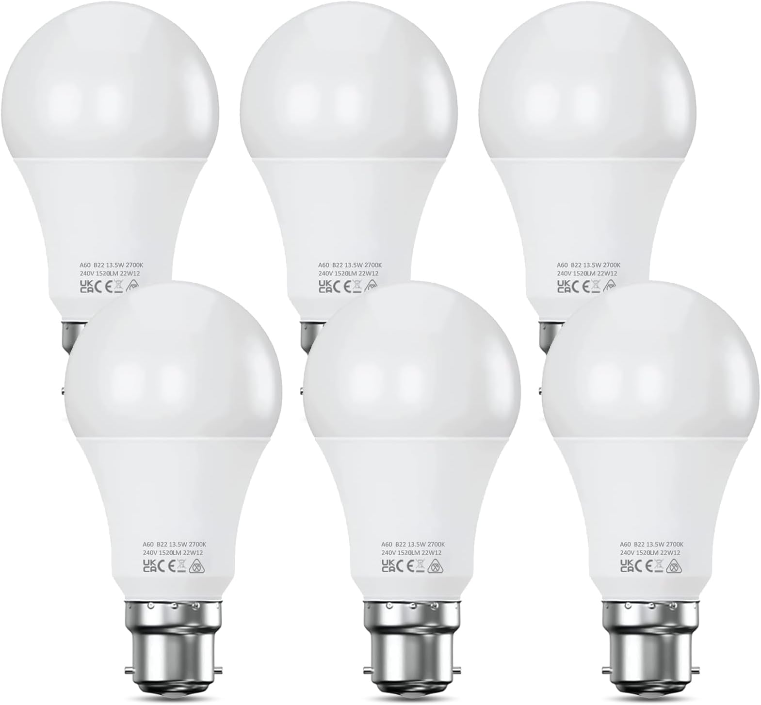 Bayonet Light Bulb 100W Equivalent, Energy Saving B22 LED Bulbs, Warm White 2700K, 13.5W 1520 Lumens Light Bulb, Non-Dimmable, Super Bright BC GLS Light Bulbs, 6-Pack