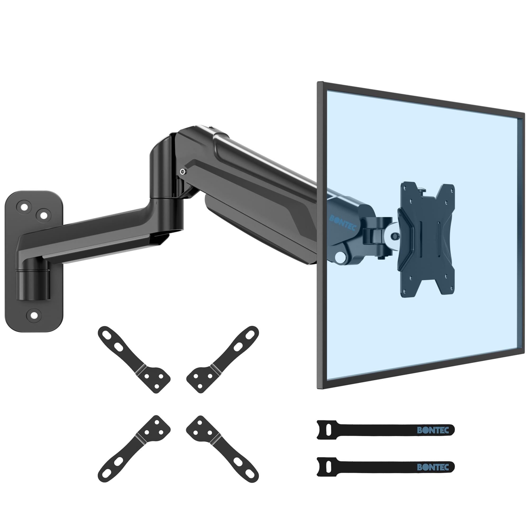 Monitor Arm Wall Mount for 13-42 Inch Screens, Gas Spring Arm Holds 3-9KG, Adjustable Tilt Swivel Rotation, Heavy Duty Wall Mounted Arm with VESA Extension Kit 75/100/200