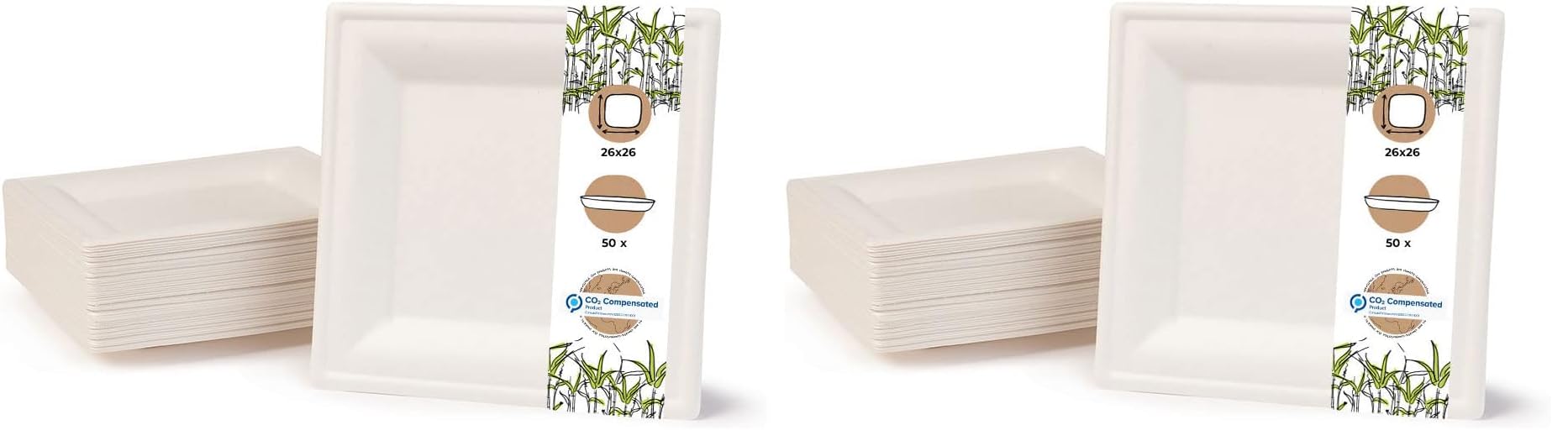 GREENBOX - Vaisselle jetable en bagasse écologique - 50 assiettes carrées blanchies - 26 x 26 cm - Assiettes jetables de fête bio (Lot de 2)
