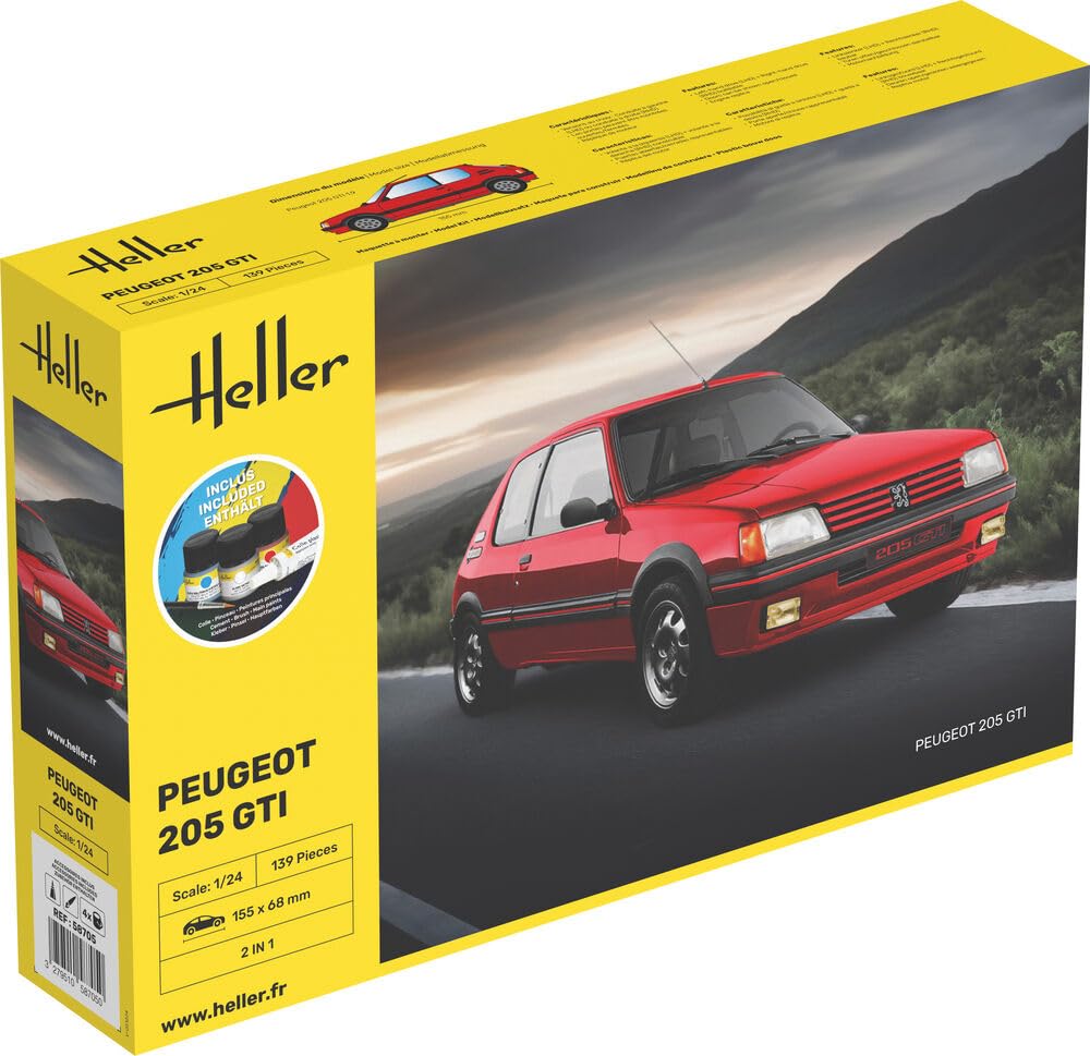 1:24 Scale Heller PEUGEOT 205 GTI Plastic Model Kit Starter Kit inc Glue + Paint