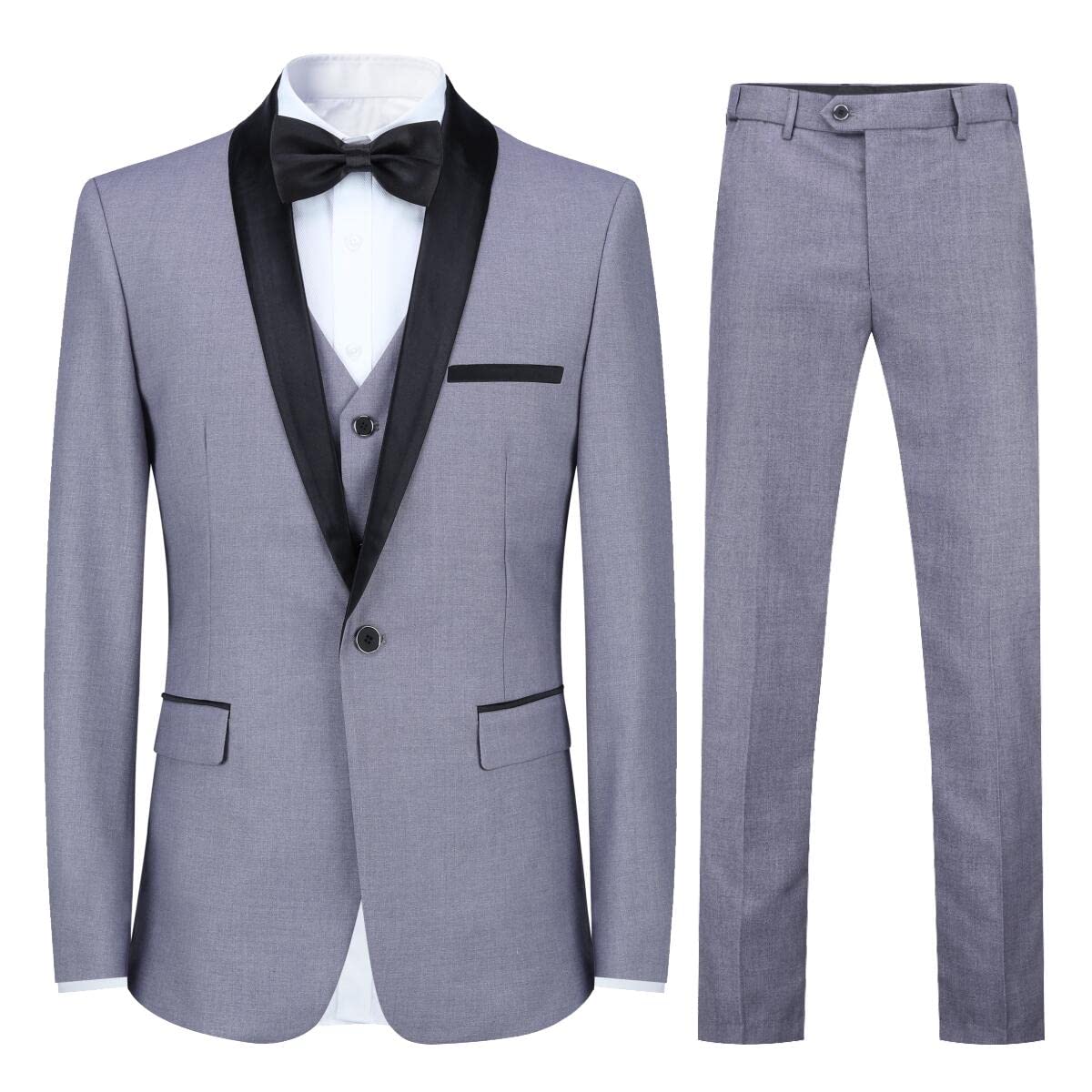 Sliktaa Trajes para hombre, 3 piezas, ajuste delgado, para boda, formal, traje de cena, color negro, con un botón, solapa con muescas