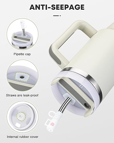 Miniatura 4 de Vasos aislados de 40 onzas con asa, popote y tapa a prueba de fugas, vasos de acero inoxidable aptos para viajes para agua, té helado o café (blanco