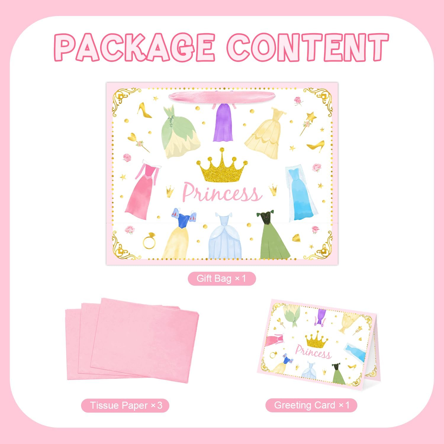 Reyoust 13” Large Princess Themed Gift Bags With Handles and Pink Wrapping Paper Greeting Card Crown Dress Design Gift Bag for Girls Birthday Party Baby shower Decor 1Pcs 13" L x 10.2" H x 4.9" W