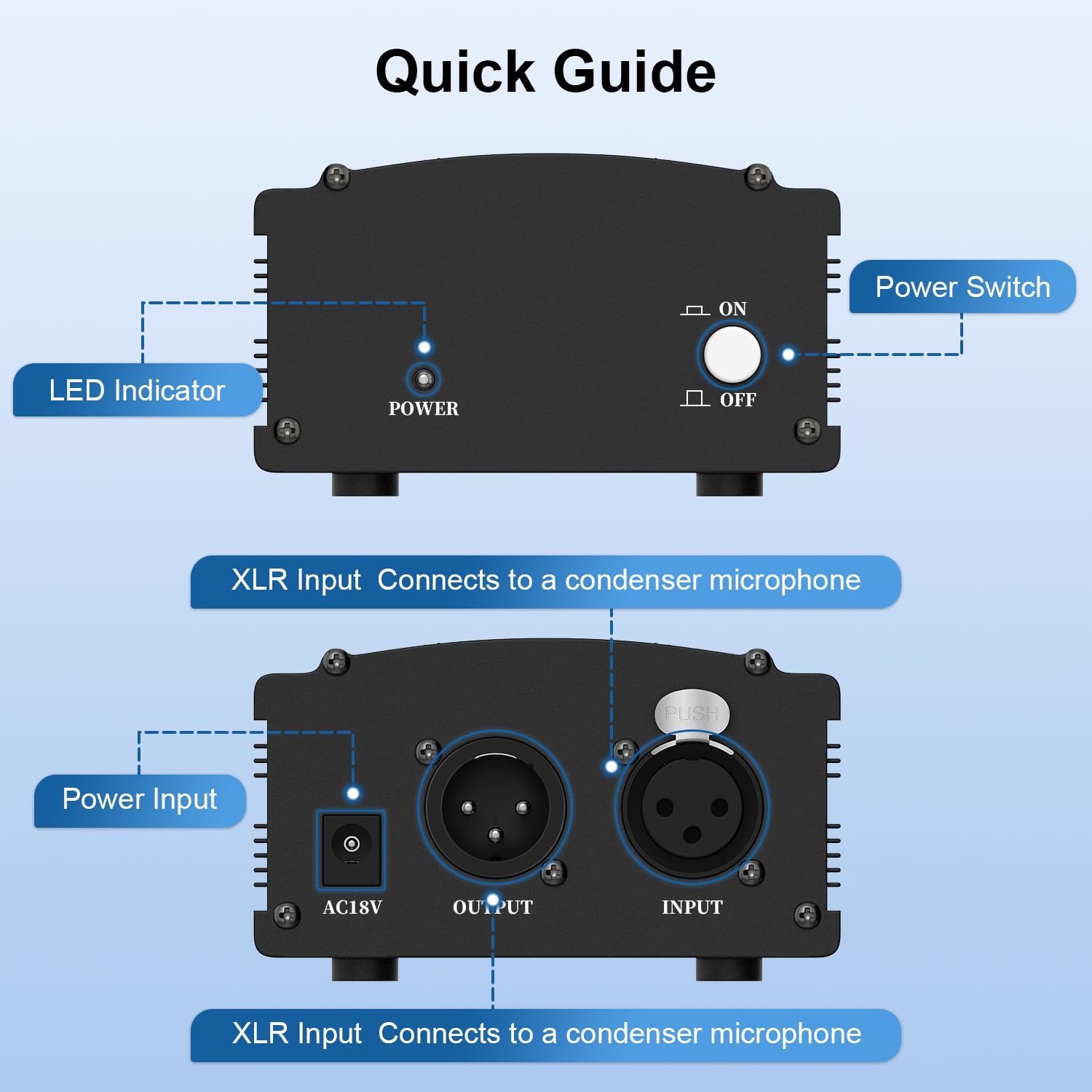 J&D Fuente de Alimentación Phantom 48V, Diseño de 1 Canal con Adaptador, Compatible con Todos los Micrófonos de Condensador, Ideal para Grabación Musical Profesional y Uso en Estudio, Negro
