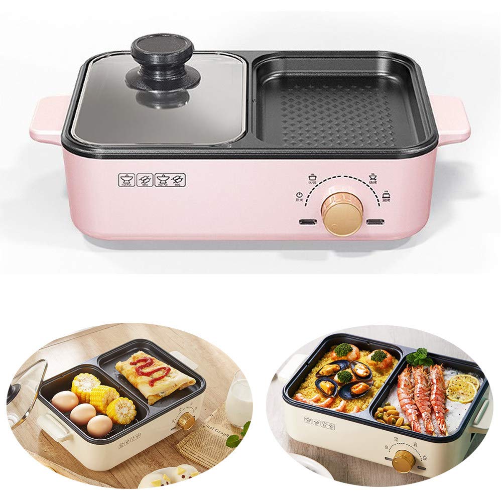 2 in 1 Electric Shabu Shabu Hot Pot with BBQ Grill, Frying Egg Pan for Breakfast, Multi-Function Electric Porridge Pot, Home Small Barbecue Tools,Pink