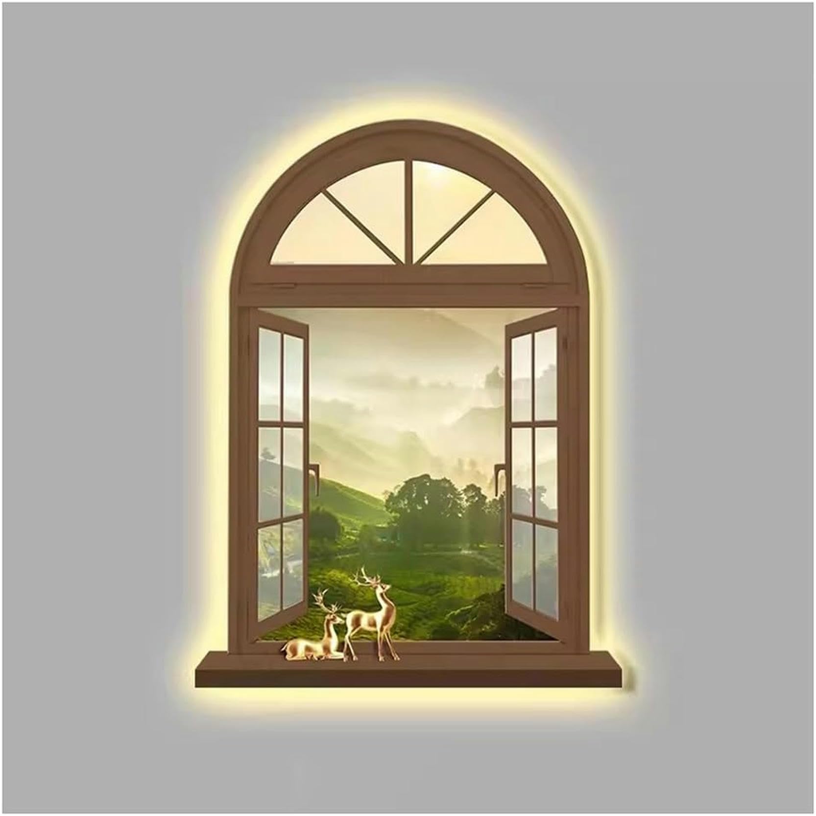 AMNOOL 3D Illuminated Wall Art Decoration, Wall Sculptures Hanging Art With LED Light, Fake Window Frame View Of Sunlight On The Landscape Of The Hill, Decorations Painting Lamp (color: Multi