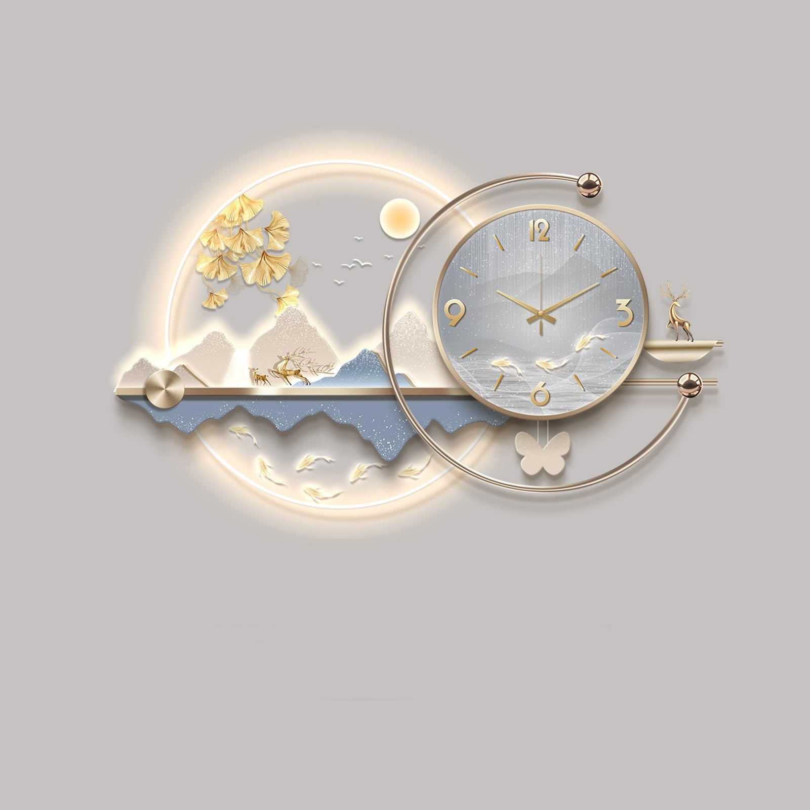Orologio da Parete di Lusso 3D con Luce LED, Moderno Paesaggio Orientale con Decorazioni di Cervi e pini, Orologio da Parete Silenzioso retroilluminato per Soggiorno, Sala da Pranzo e Ingres
