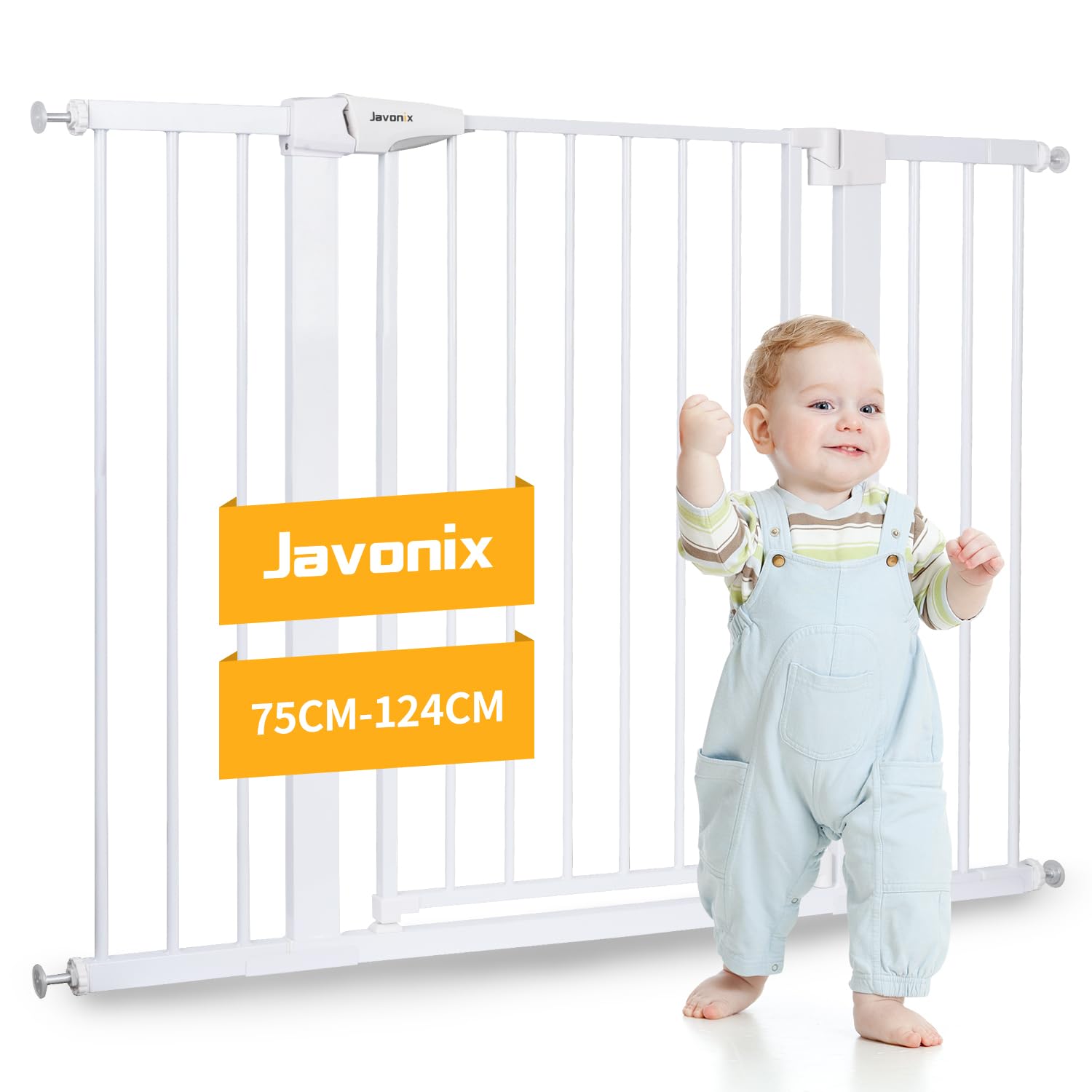 Javonix cancelletto per bambini, Cancelletto per scale senza trapano, altezza extra alta 92 cm, larghezza 75-124 cm con 3 estensioni, per bambini, cani gatti, chiusura automatica arresto a 90°-Bianco