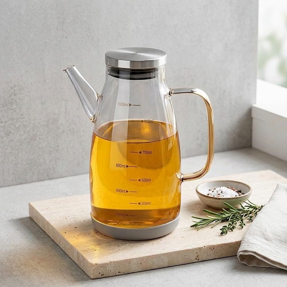 Dispenser per olio in vetro da cucina, 1000 ml / 34oz, con beccuccio salvagoccia e base in silicone, dispenser di aceto a prova di perdite, per olio da cucina e aceto, grigio